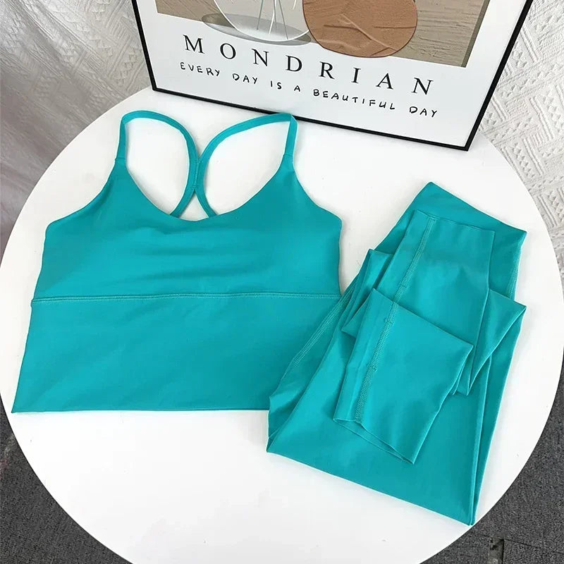 2 PCS Yoga Set 7 Colors Sportswear Fitness Suits Sexy Cross Back Yoga Tops Elasticity High Waist Leggings Running Sports Clothing👚👍️