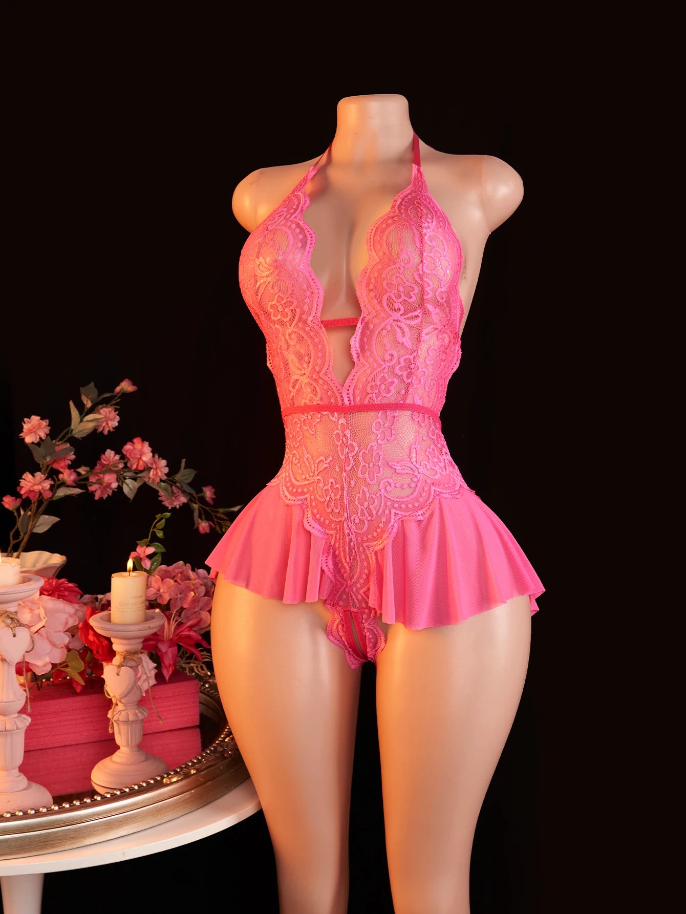 NEW 6 Colors  Sexy Lace Bodysuits Crotchless Deep V Open Teddy Babydoll Sheer Sleepwear Elegant & Seductive Erotic Lingerie For Women