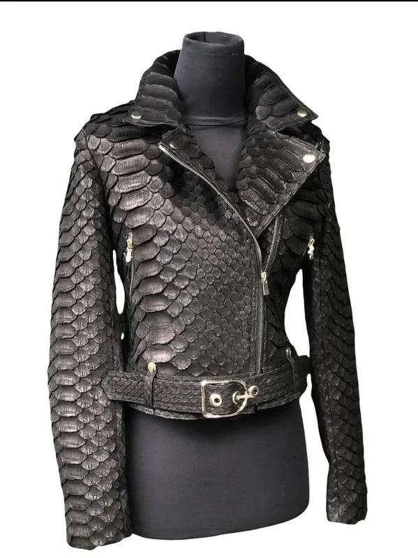 S-3XL UK Plus Size Autumn and Winter Women's PU Leather Black Snakeskin Leather Locomotive Jacket