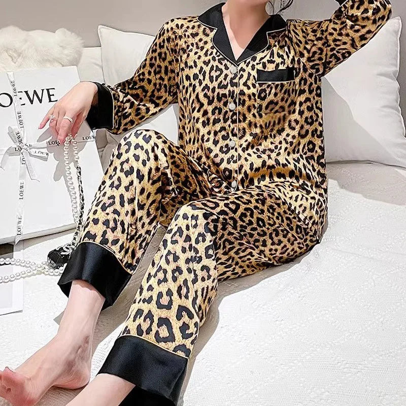 NEW Arrivals Sexy Leopard Silk Autumn Pajamas Women's Long-sleeved Suit High-End New Ice Silk Trousers Loungewear Trendy Loungewear Ladies Girls Luxury Home Wear Clothing Supplies