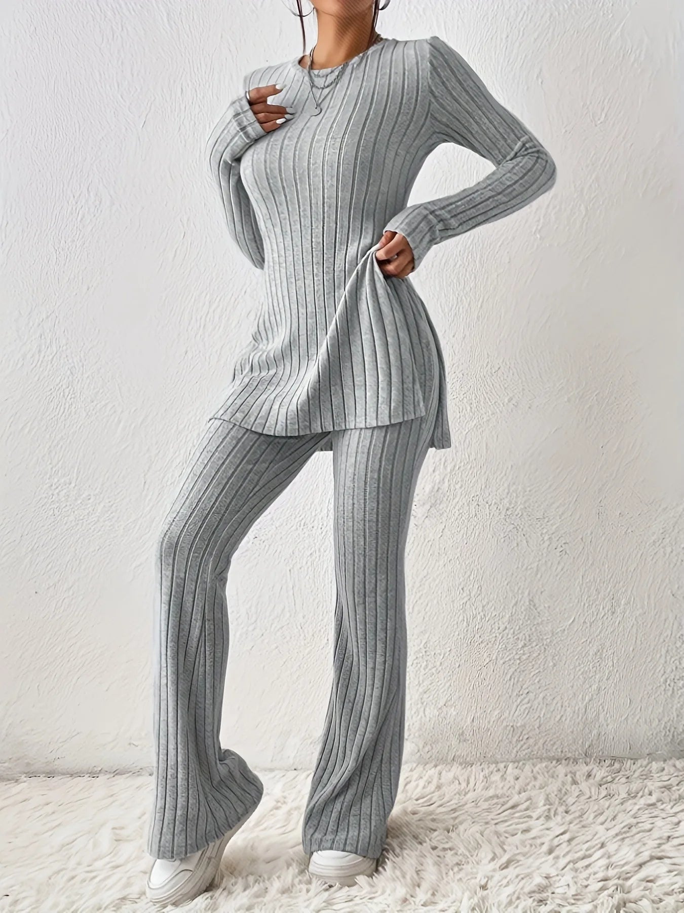 NEW 2PCS Set S-XL UK Size 4 Colors Women Top Straight Pants Suit Split Tops Trousers Ensemble Round Collar Autumn Winter Casual Outfits Female Sports Clothing Supplies