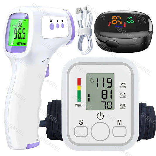 NEW 3PCS Set LCD Portable Health Care Pulse Meter BP Monitor Automatic Digital Arm Blood Pressure Monitor Tonometer Meter Sphygmomanometer Health Care Supplies