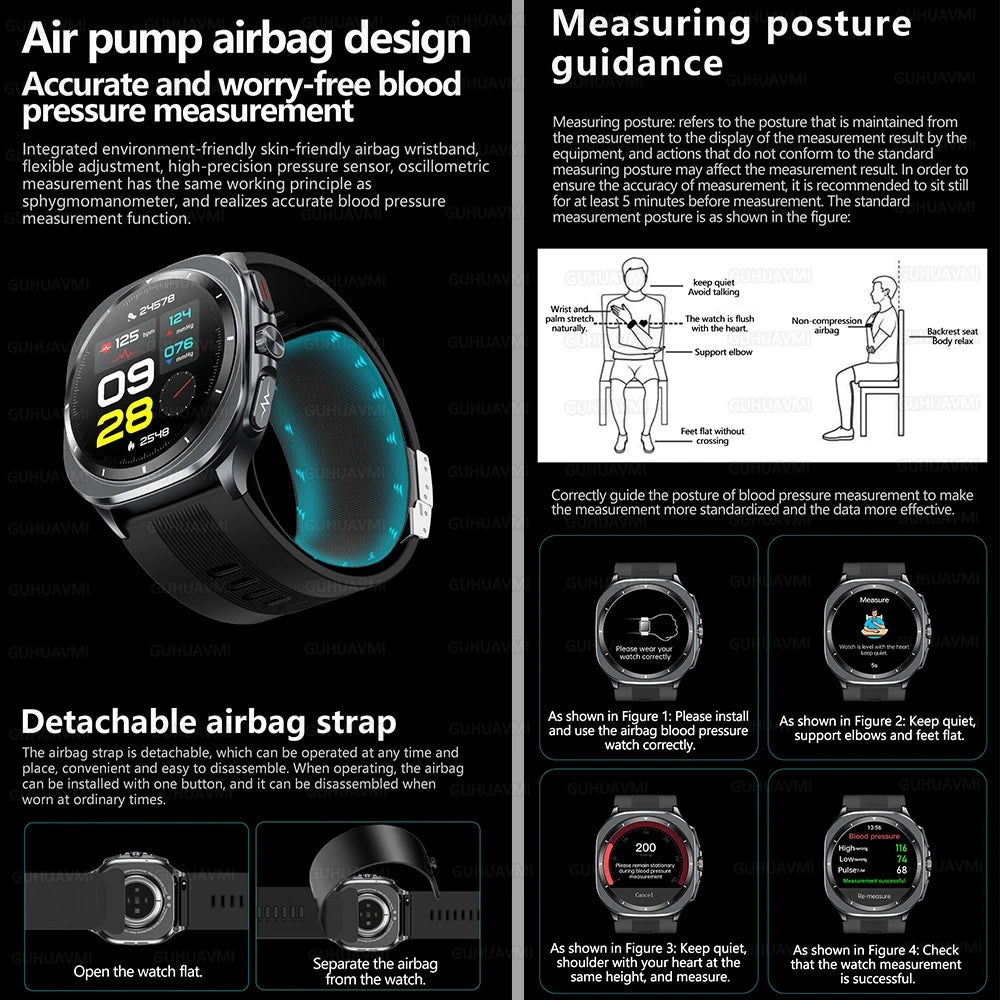 New Health Track Smartwatch NFC Air Pump Airbag Lipids ECG+PPG Uric acid Health BT Call Measure Health Smartwatch Men Women Sports Health Care Supplies