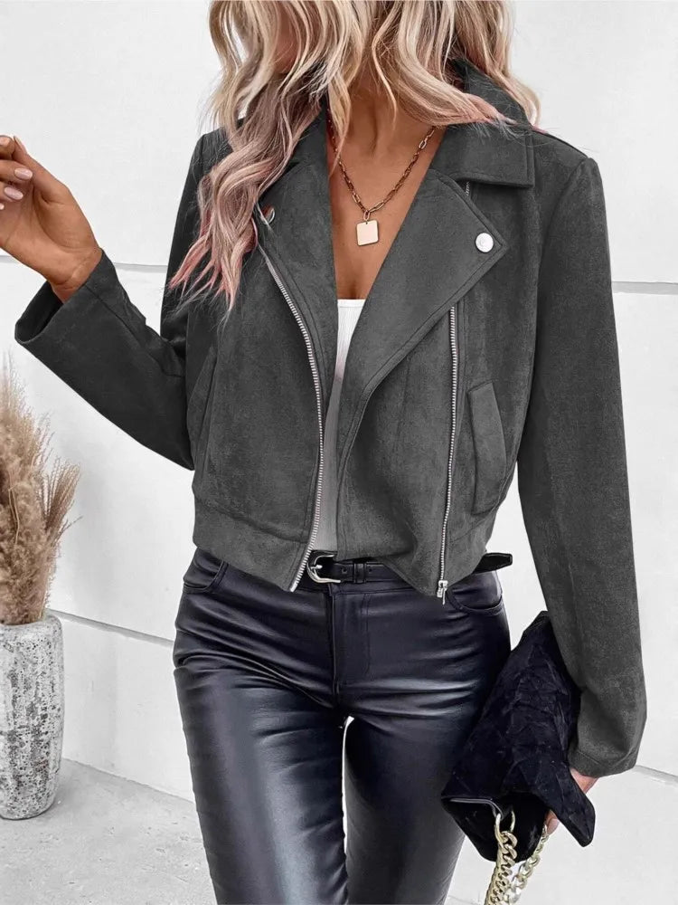 S-2XL US Size Women's Casual Lapel Zipper Jacket Imitation Deerskin Velvet Short Coat Winter Fashion Slim Women's Riding Short Jacket Casual Clothing Supplies