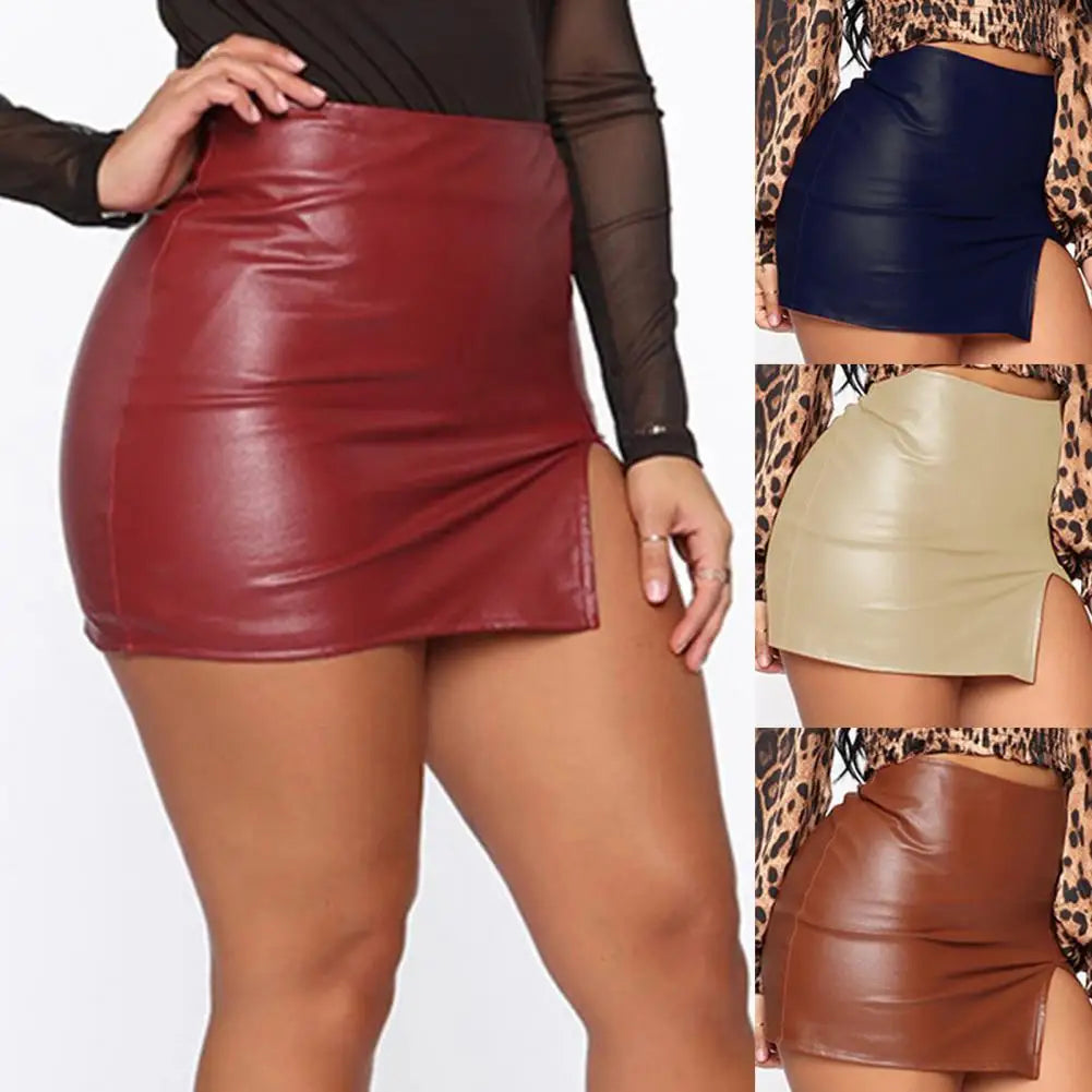 Women Italian Sexy Skirt S-2XL UK Plus Size 9 Solid Colors Hidden Zipper Mini Skirt PU Leather High Waist Split Skinny Skirt Female Streetwear Women's Clothing
