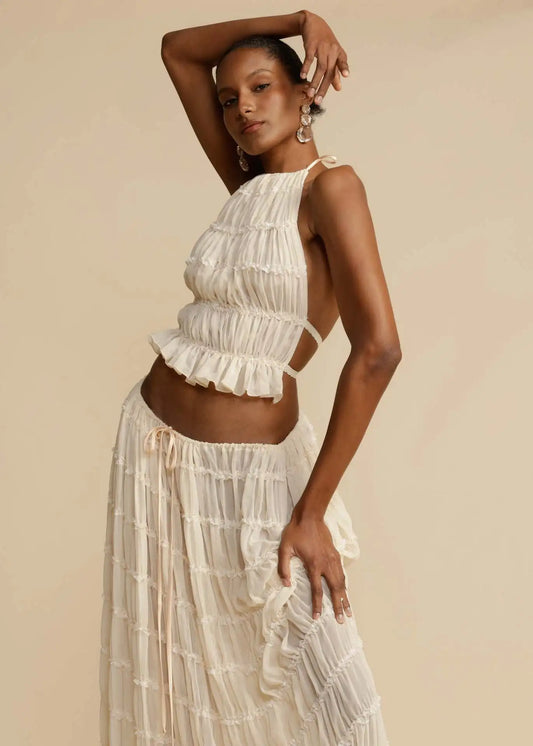 Fashion Halter Neck Long Skirt Suit Women Backless Sling Top Lace Up Fold Maxi Skirts New Summer Female 2 Piece Set Outfits