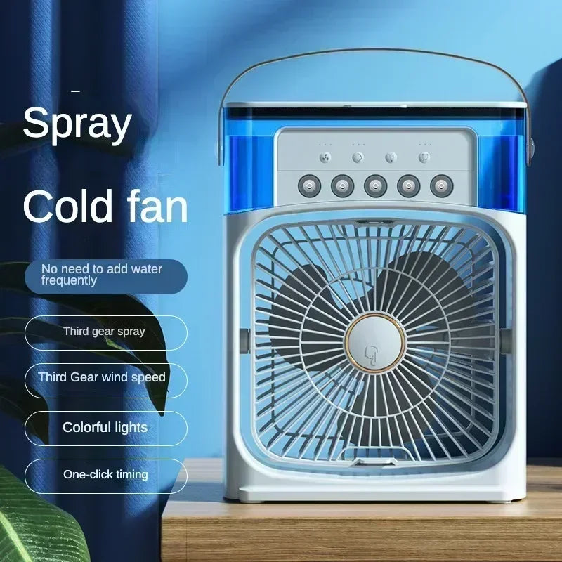 Save Energy Mini Portable Cooling Fan with USB Charging Water Mist Air Conditioner LED Lights Night Light for Home Office Desk Humidifier Cooling Devices.
