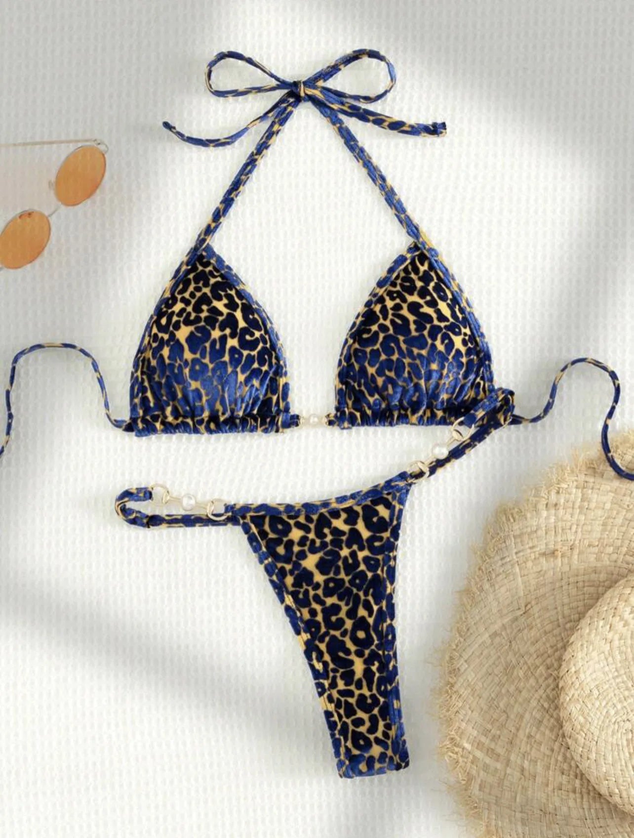 Brazilian Summer Women Leopard Pearl Bathing Suit Beachwear Thong Two Pieces Set Special Fabric Halter Neck Swimwear Bikini