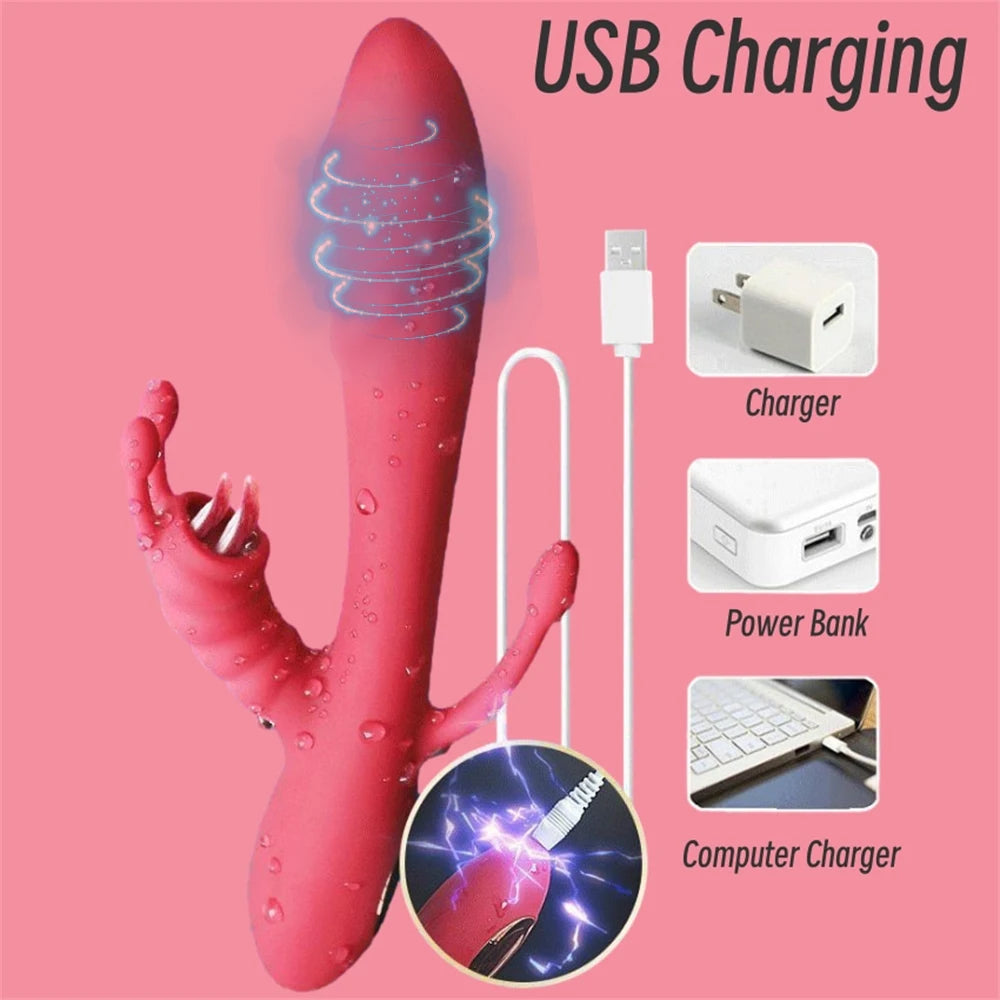 3 In 1 Heating Vibrator Anal Dildo Double Tongue Licking G-Spot Nipple Clitoris Stimulator Vagina Vibrator for Women Sex Toys