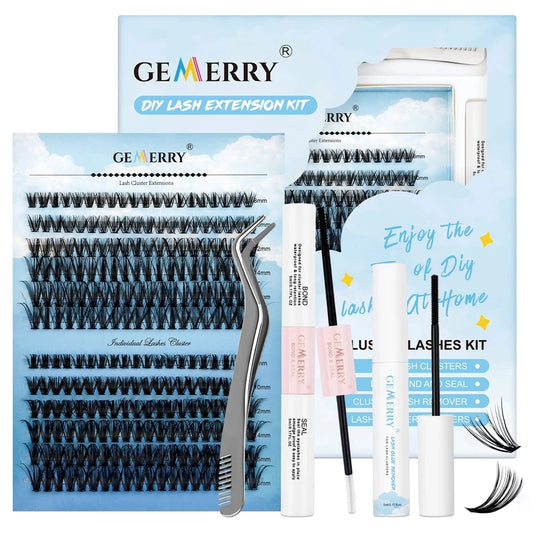 Gemerry 240Pcs DIY Eyelash Extension Kit With 2in1 Lash Bond&Seal And Lash Glue Remover Tweezer Individual Cluster Lashes Tools