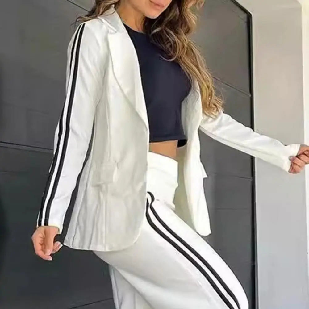 2 PCS Set S-3XL UK Size 5 Colors Women's Blazer Formal Coat Pants Set Autumn Winter Long Sleeves Jacket Loose Striped Wide Leg Casual Suit Outfit Girls Ladies Fashion Apparel Supplies