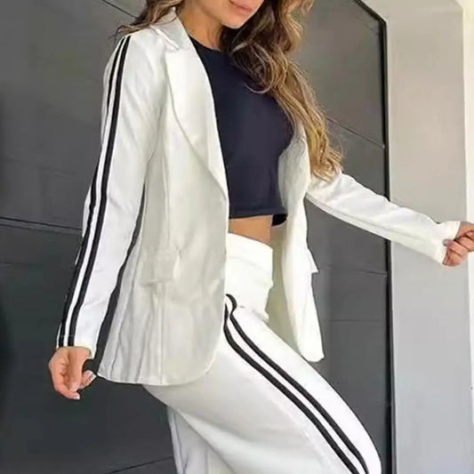 2 PCS Set S-3XL UK Size 5 Colors Women's Blazer Formal Coat Pants Set Autumn Winter Long Sleeves Jacket Loose Striped Wide Leg Casual Suit Outfit Girls Ladies Fashion Apparel Supplies