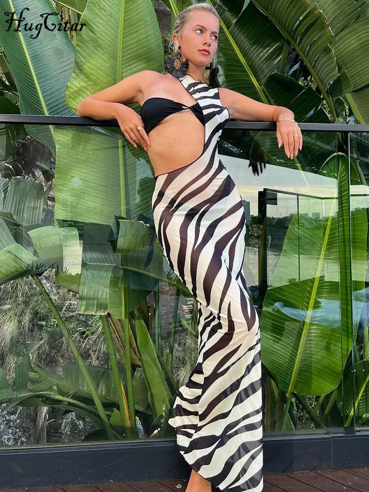 Mesh Sleeveless Striped Print Matching Color Hollow Out Sexy Maxi Dress Irregular Summer Women Beach Festival Outfit