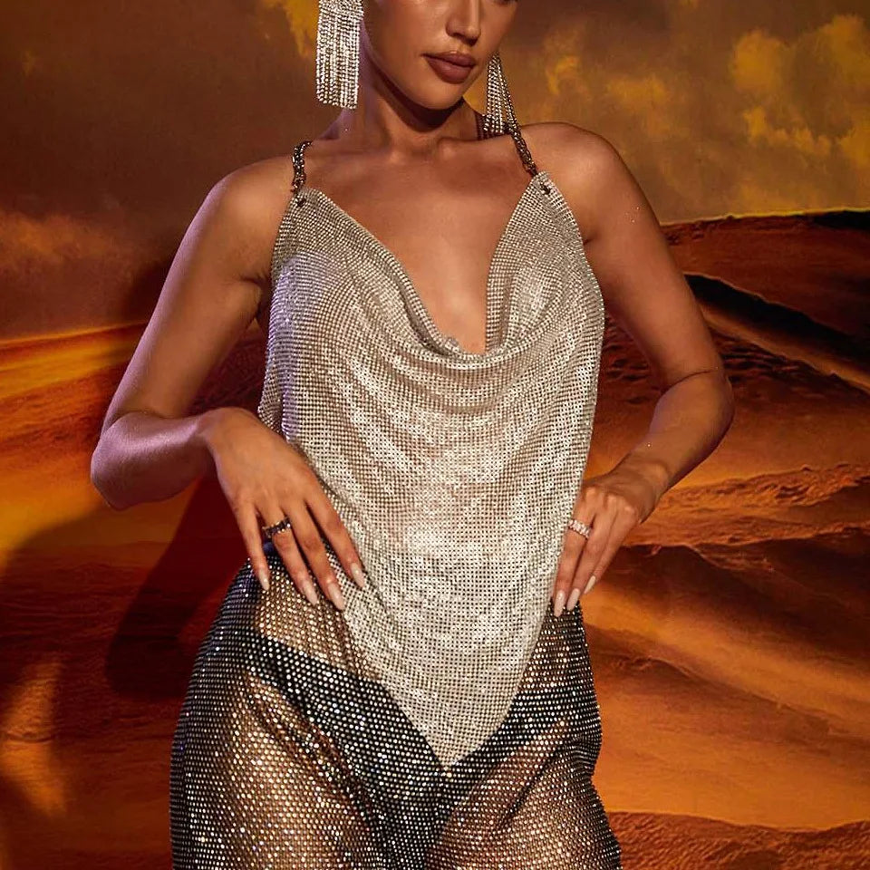 Black/Silvery/Gold Color Sexy Deep V Neck Backless Sling Crop Top For Women Glitter Diamonds Metal Sequin Luxury Tank Top Summer Evening Beach Party Nigh Clubwear Clothes