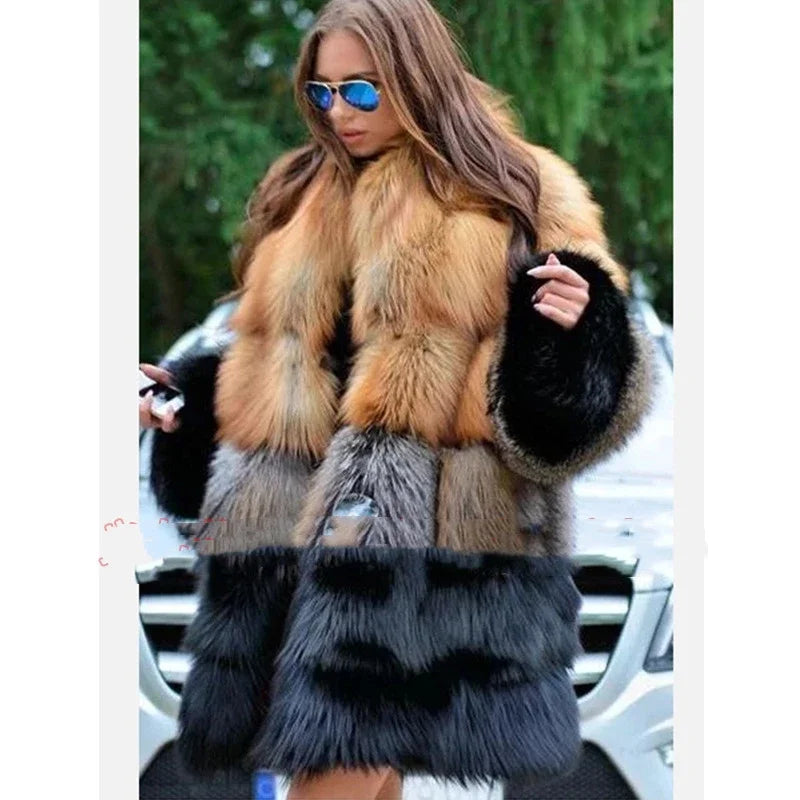 BIG SAVE "S-4XL" Luxury High Quality Women Long Faux Fur Coat Winter Snow Streetwear Fashion Supplies Large Size Thick Warm Fur Jacket Yellow and Black Contrast Stitching Cardigan Cloth Girls Office Ladies Winter Luxury Fashi