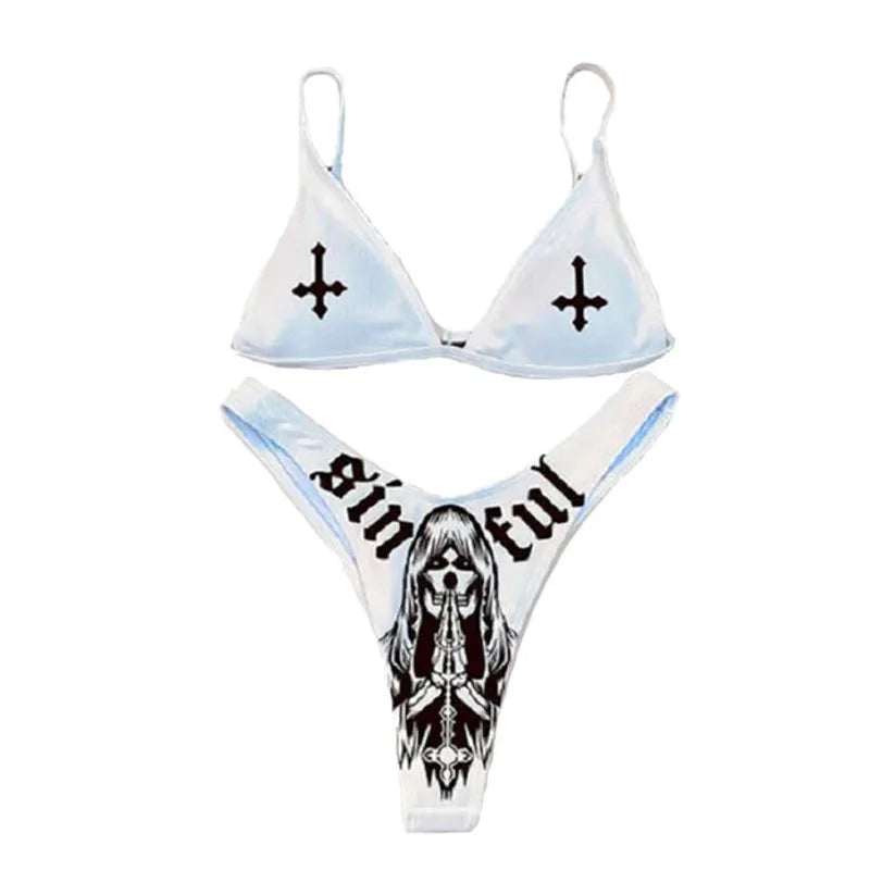 2 PCS Set S-XL Size Y2k Sexy High Waist Gothic Bikini Print Swimsuit Women Swimwear Push Up Set Brazilian Bathing Suit Summer Skull Wear Swimming Apparel Sets
