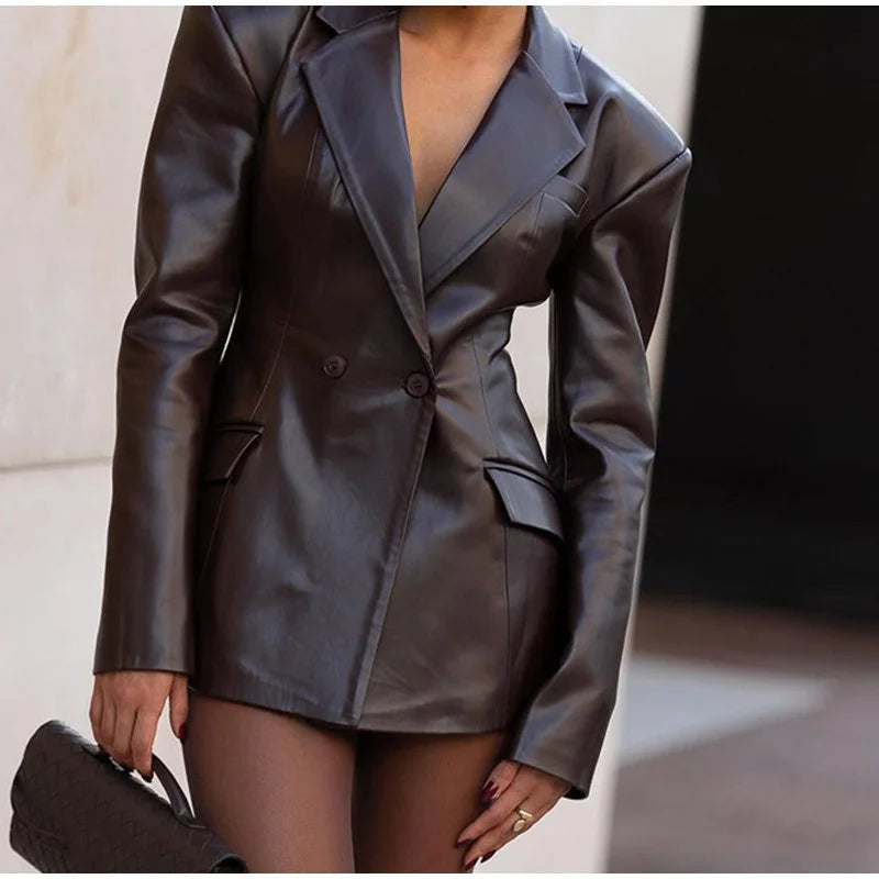 New Arrivals Autumn Woman Black PU Leather Jacket Chic Vintage American Street Wear Short Lapel Zipper Belt Biker Coats Fashion Streetwear Ladies Fashion Clothing Supplies