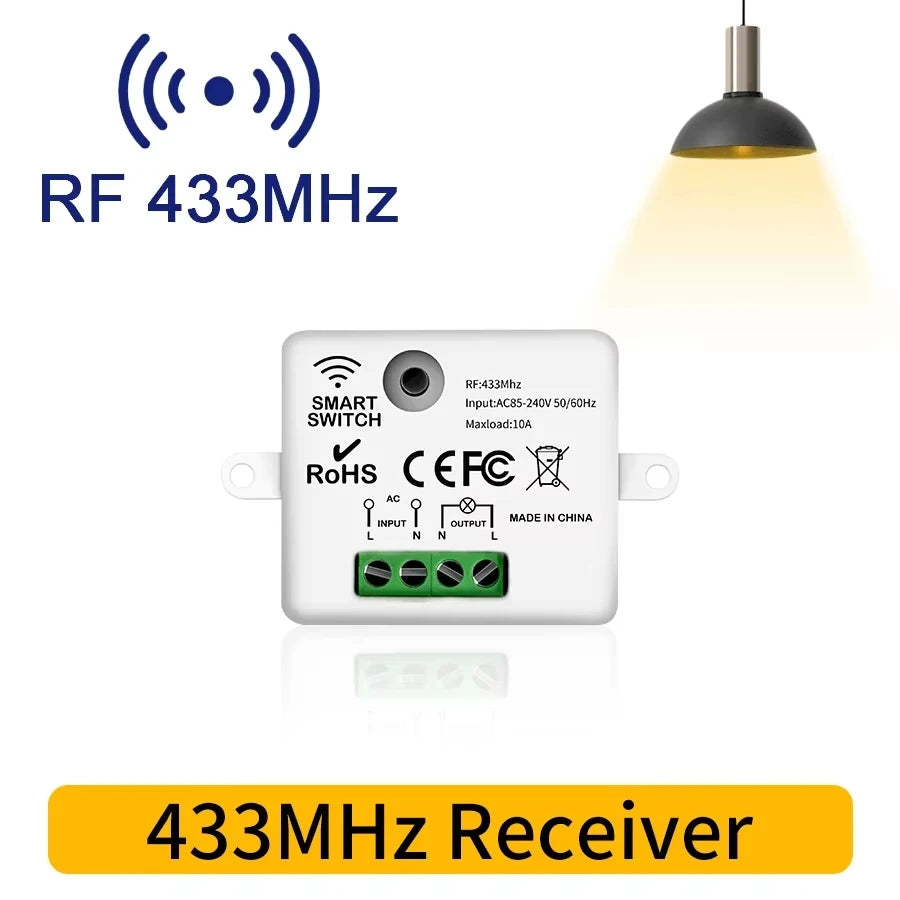 1 Receiver + 2 Remote Control Set RF 433MHz Wireless  10A Relay Receiver Remote Control Light Switch 220V 110V Mini Round Button Wall Panel Switch For LED Lamp