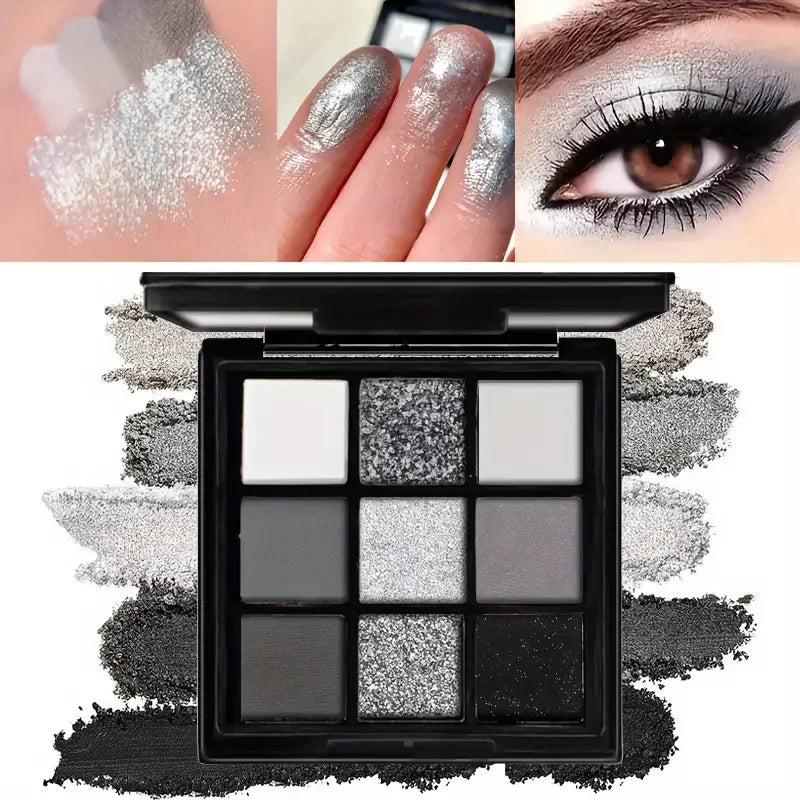 9-Shades Eyeshadow Palette: Black Swan, Smoky, Dark Black, Grey Silver Glitter, Matte Finish, Long-Lasting, and Easy to Color Women Cosmetic Supplies