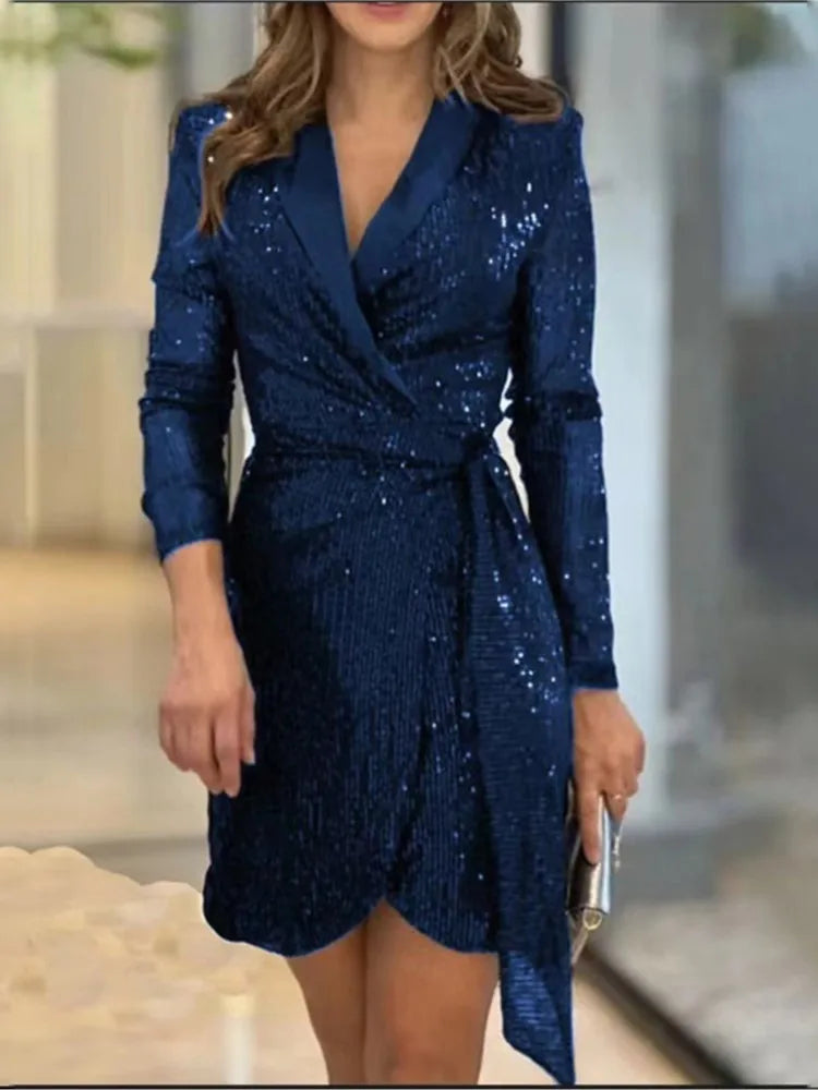 NEW Arrivals S-3XL UK Size 7 Colors Women's Luxury Spring Summer New Collection Solid Color Fashionable Sexy Waist Series Sequined Suit Collar Long Sleeved Lace Up Dress Ladies Luxury Fashion Apparel Supplies
