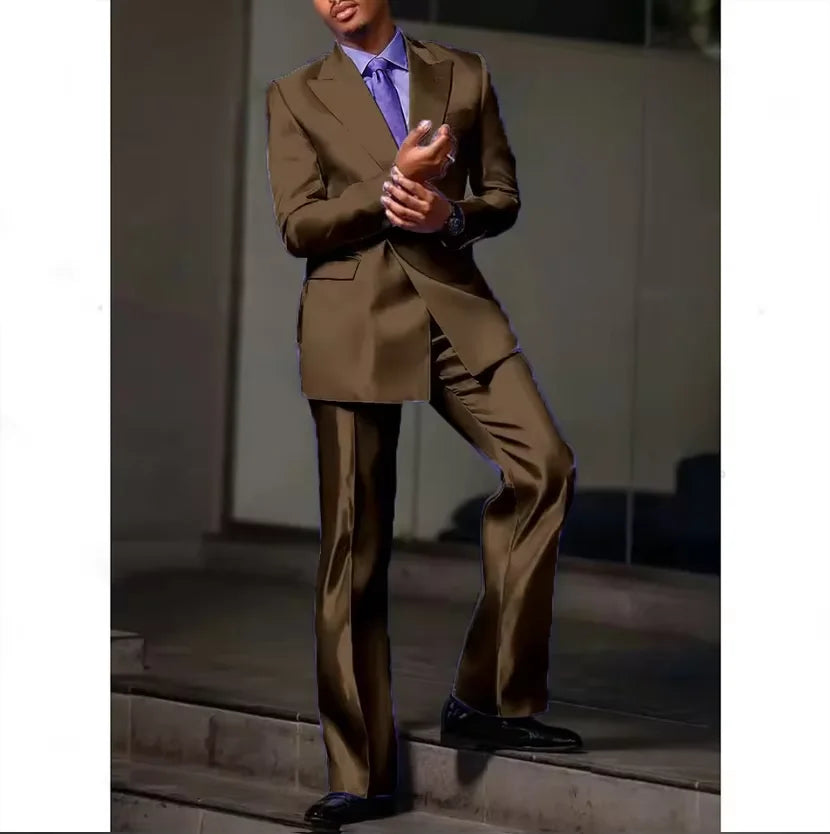 8 Colors 2 PCS Set S-7XL Extra Plus Size Luxury Men‘s Satin Suit Peak Lapel Slim Fit Tuxedo Jacket Straight Leg Pants Formal Outfit Wedding Prom Party Groom.