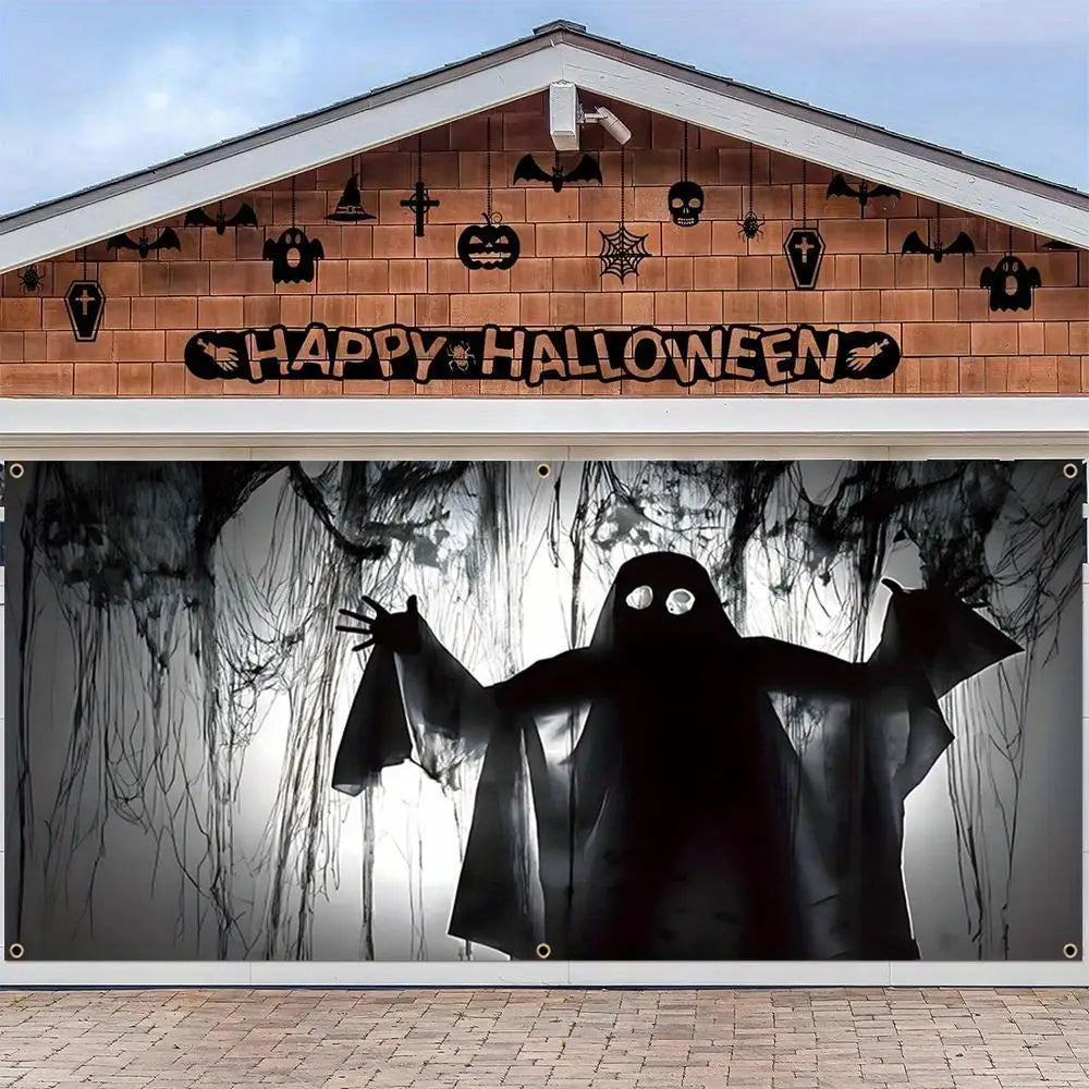 Happy Halloween Ghost Garage Door Banner - Large, Indoor and Outdoor Decor with Scary Murals, Perfect for Home and Party