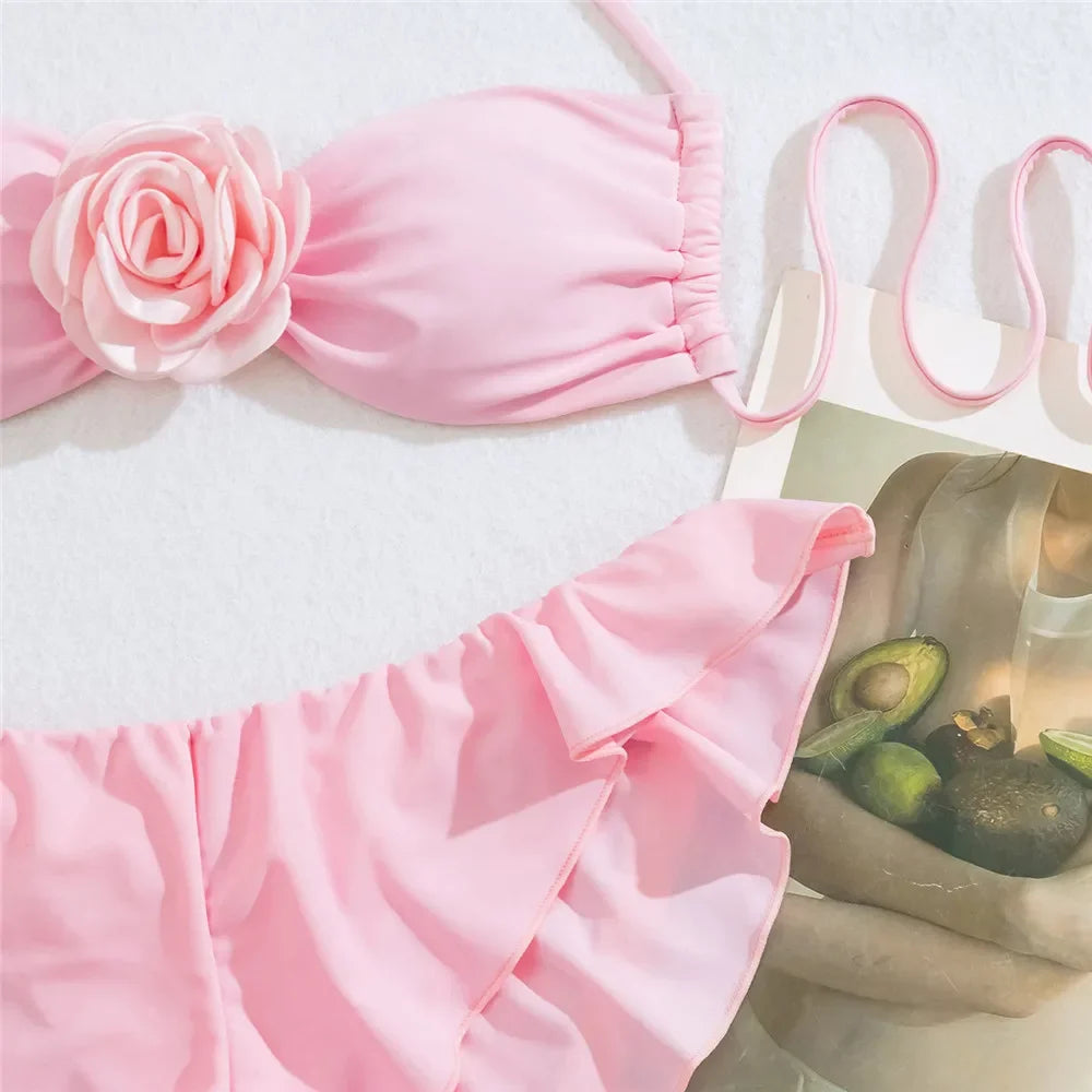 NEW Arrivals UK Size Pink 3D Flower Bandeau Bikinis Sets Sexy Swimsuit Women String Halter Swimwear Ruffled Bathing Suit Beach Wear Ladies Sexy Bikini Suit