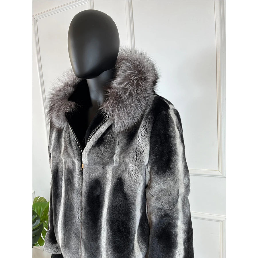 Chinchilla Fur Coats Real Rex Rabbit Fur Hooded Jacket With Natural Fox Fur Collar Real Fur Jackets