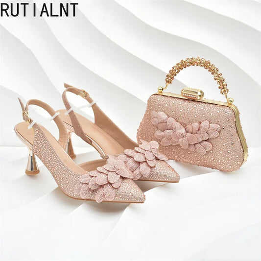 New Arrival 5 Colors Italian Women Heel Party Luxury Wedding Guest Handmade Matching Shoes and Bag Set Rhinestones Handbag Italian Design Luxury Wedding Shoes for Bride Evening Party Shoes