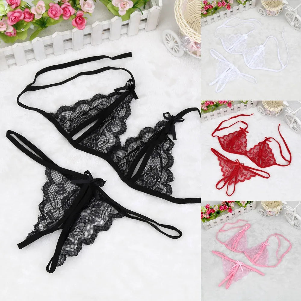 Sexy Lace-up Lingerie Set Women Hot Exotic Open Crotch Transparent Lace Embroidery Underwear G-string Bandage Three-point Set