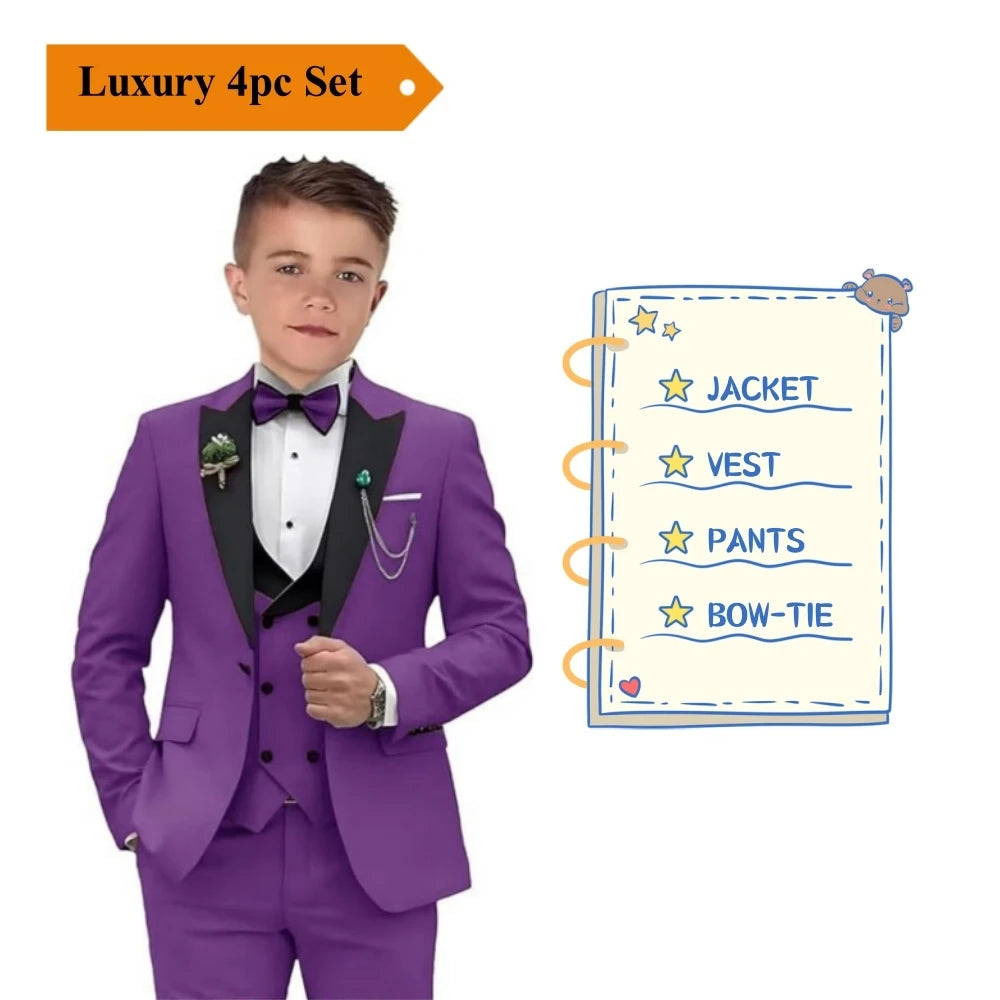 NEW Arrivals 4PCS Set Luxury Tuxedos Suit Set 2-14 Years Single Button Boy's Wedding Guest Birthday Evening Party Formal Events Suits Blazer Vest Pants Suit Children Luxury Fashion Clothing Supplies Apparel Products