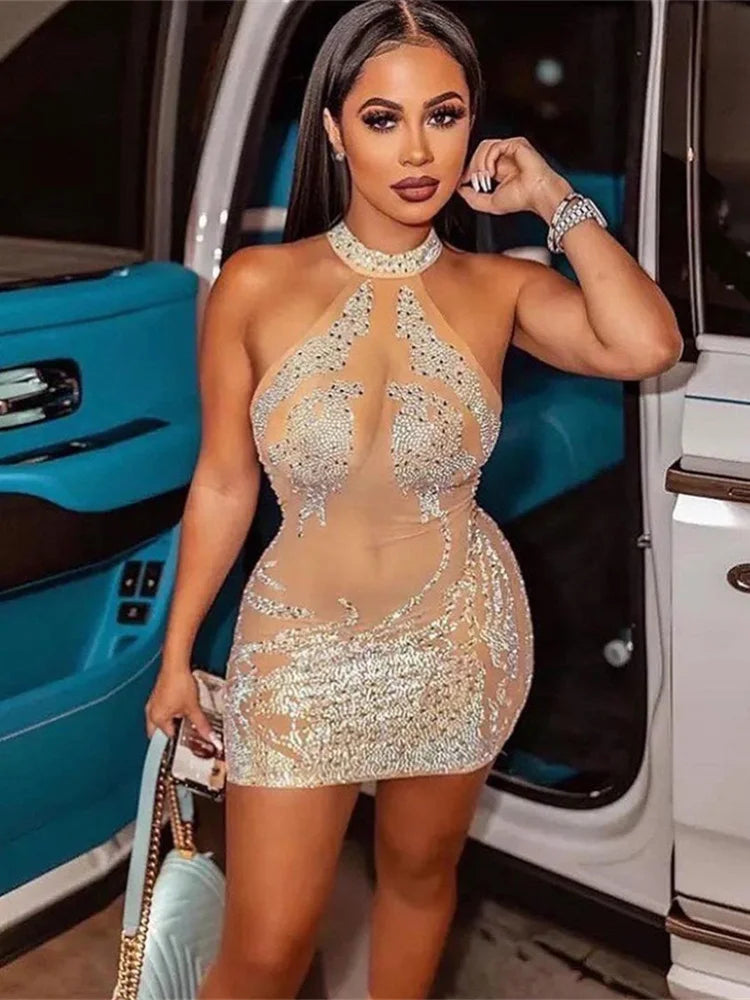 S-2XL Gold/Silvery Color Sexy Skinny Women See Through Luxury Dress Mesh Shiny Rhinestones Transparent  Coquette Mini Bodycon Hot Girls Ball Gown Party Night Clubwear Mini Dress