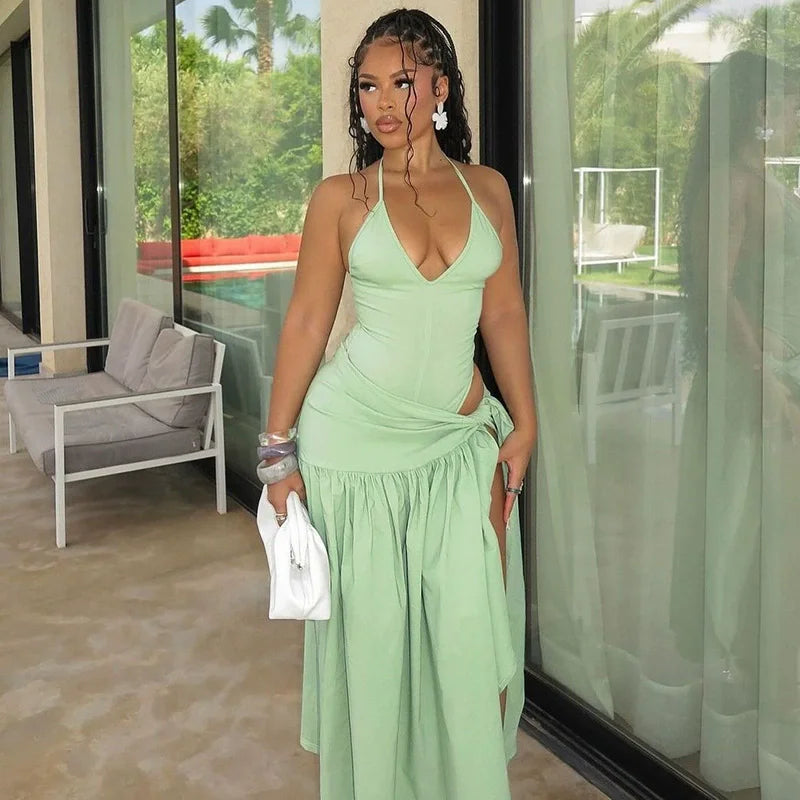 NEW Arrivals 2PCS Set UK Size Black/Light Green/White/Navy Blue Colors Sexy Elegant Women's Set Sleeveless Strap Bodysuit +Long Skirts Suit Spring Summer Autumn Tracksuit Tie Up Outfits