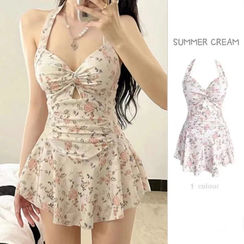 5 Colors Swimming Suit for Women Solid Color Slimming One-piece Dress Style Conservative Waist Tightening Slimming Vacation Swimsuit