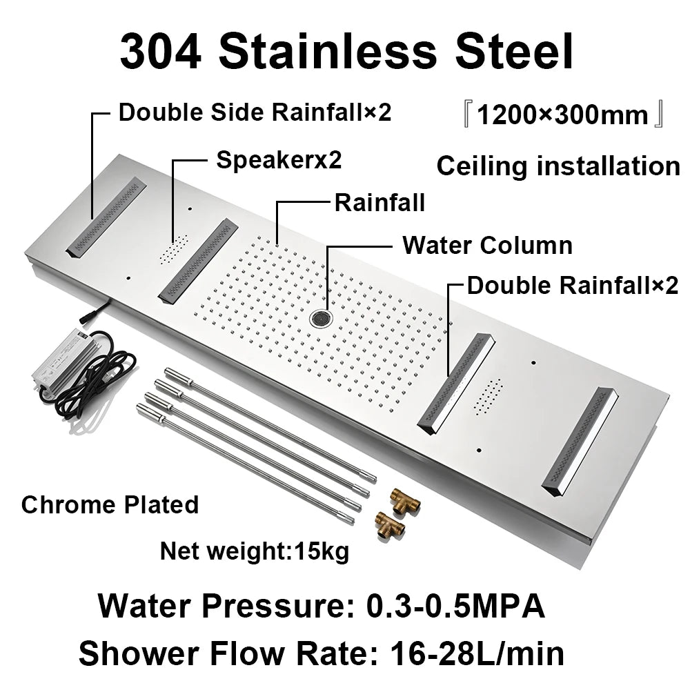 NEW Luxury Shower for Home Villa Hotels M47*12 Inch LED Lighting Large Black Shower Head Rainfall Bathroom Faucet Hot Cold + Music Shower System Set Smart Device Showers Mixer