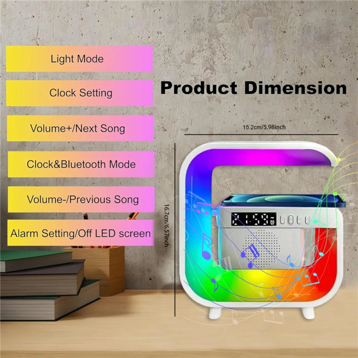 NEW Home RGB Bluetooth Wireless Black/White Color Speaker Wireless Charger Stand TF FM Alarm Clock for iPhone 16~12 Pro Max Fast Charging Music Player