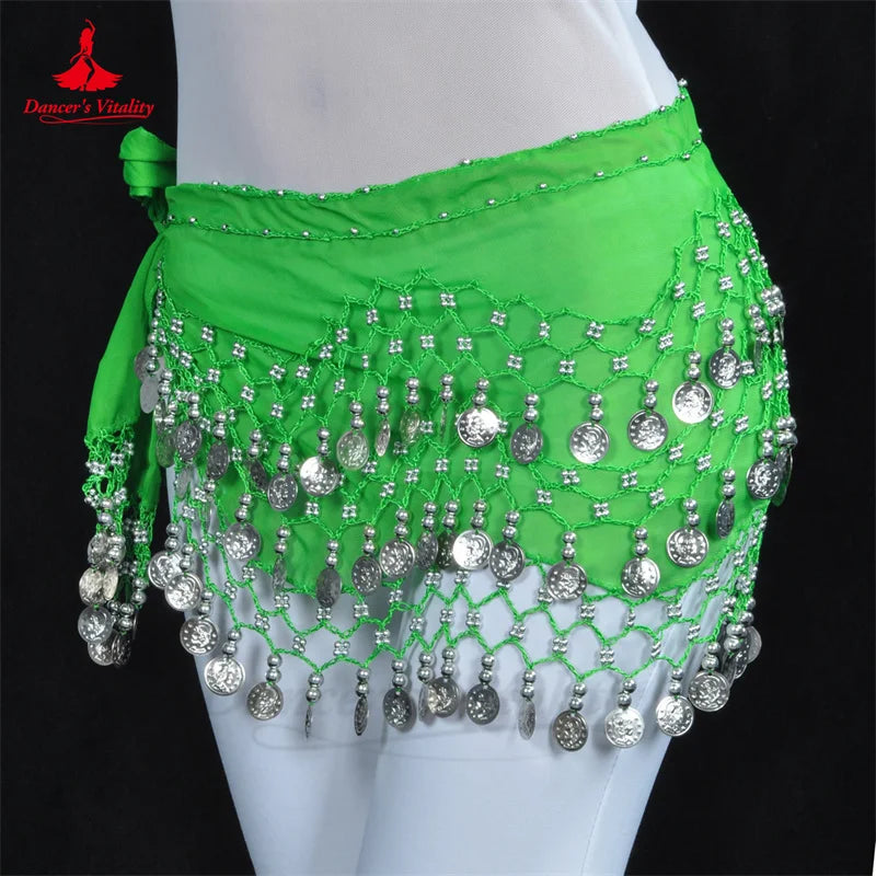 NEW Arrivals Belly Dance Belt for Women Chiffon Gold Coins Oriental Dancing Wear Accessories Girl's Chiffon Silver Coins Belly Dance Hip Scarf