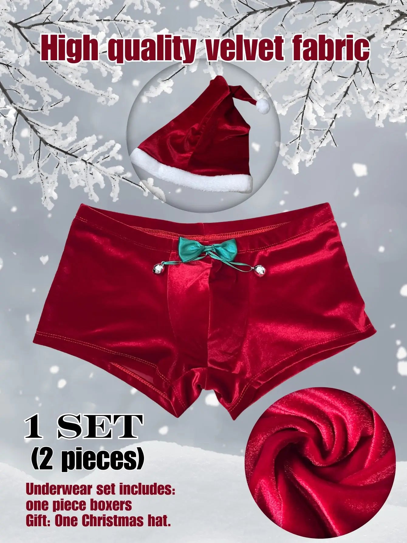 NEW Arrivals 2PCS Velvet Set S-3XL Plus Size Free Christmas Boxer + Hat 】1Set Men's High-Quality Velvet Sexy Underwear, Featuring Bowknot and Bell Christmas Design