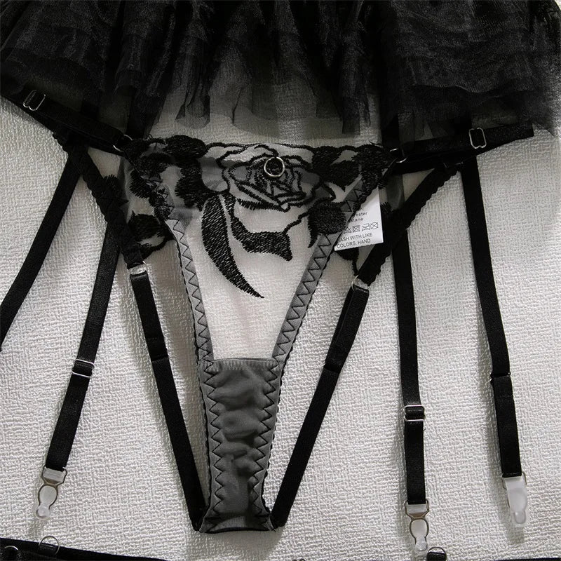 Women's Sexy Underwear Black Flower Lace Embroidered Skirt Four-Piece Mesh Thin Erotic Lingerie Seductive Bra Set