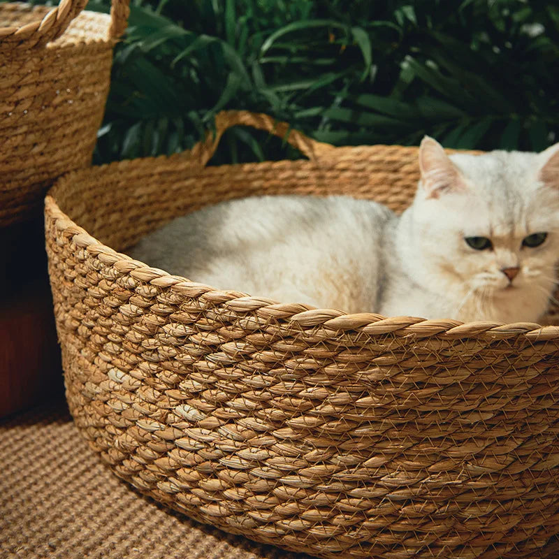 Bamboo Rattan Weaving Basket For Cat Comfortable Sleeping Pet Dog Bed Summer Cool Weave Cat House Donut Round Kitten Puppy Bed