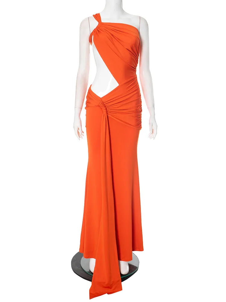 4 Colors UK Size Sexy Backless Hollow Asymmetrical Maxi Dress Women One Shoulder Irregular Pleated Solid Tassel Patchwork Midnight Clubwear Party Dress