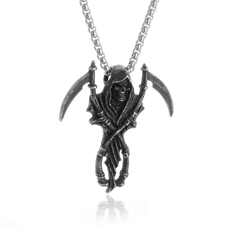 26 Types Gothic Hell\'s Grim Reaper Scythe Pendant Mystical Demon Skull Necklace Men\'s Motorcycle Punk Rock Halloween Jewelry