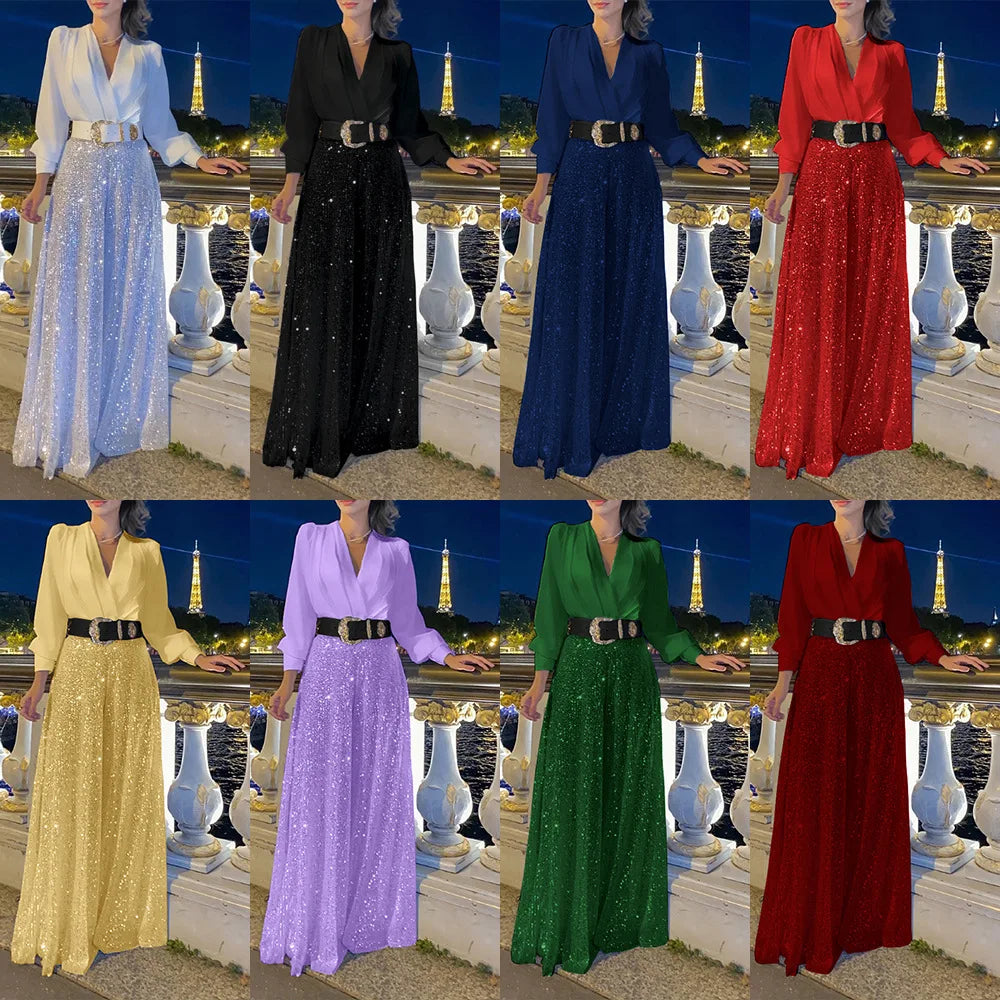 S-3XL 8 Colors Plus Size NEW Arrivals Women's Girls Fall New Fashion V-Neck Long Sleeved Shirt Elegant Sexy V-Neck Slimming Waist Sequin Wide Leg Jumpsuit Set Evening Night Wedding Birthday Party Suit Female Ladies Luxury Fas
