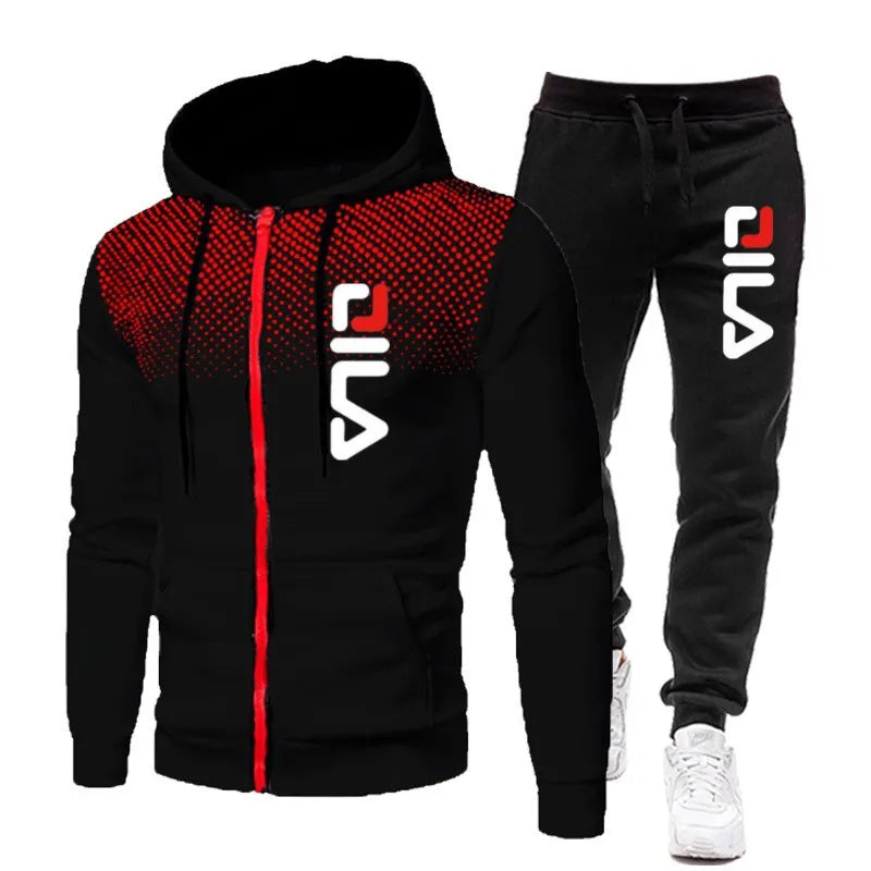 Men Tracksuits+Sweatpants Two Pieces Suits Winter Print Zipper Hooded Sweatshirt Casual Fitness Jogging Sports Pants Sets