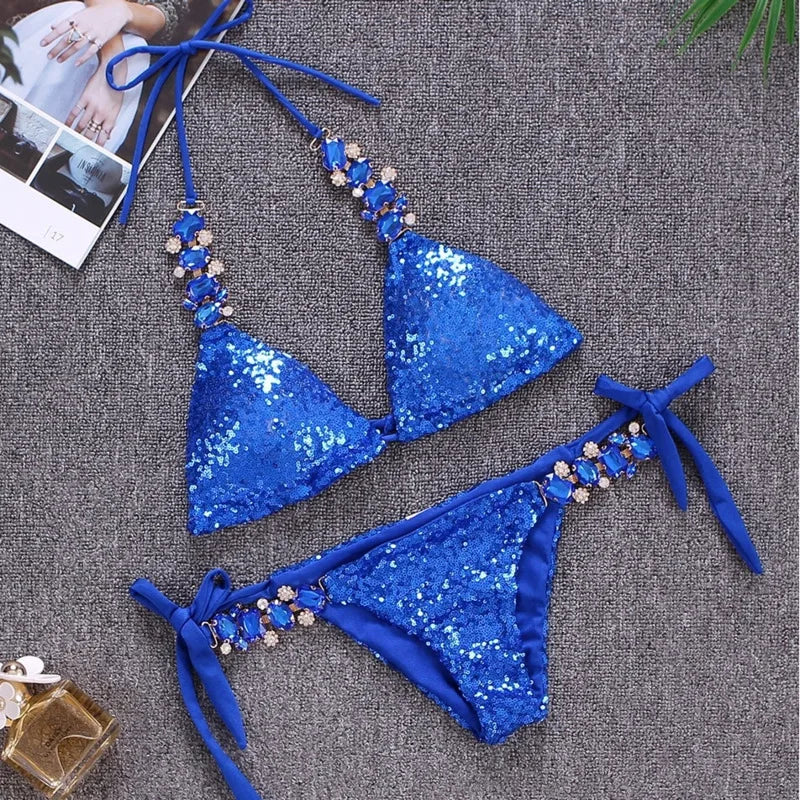 NEW Arrivals Shiny Sexy Bikinis Pink/Blue Color Swimsuit With Rhinestones Women Luxury Swimwear Female Push Up Bikini Beach Swim Wear Bathing Suits Swimming Pool Luxury Bikini
