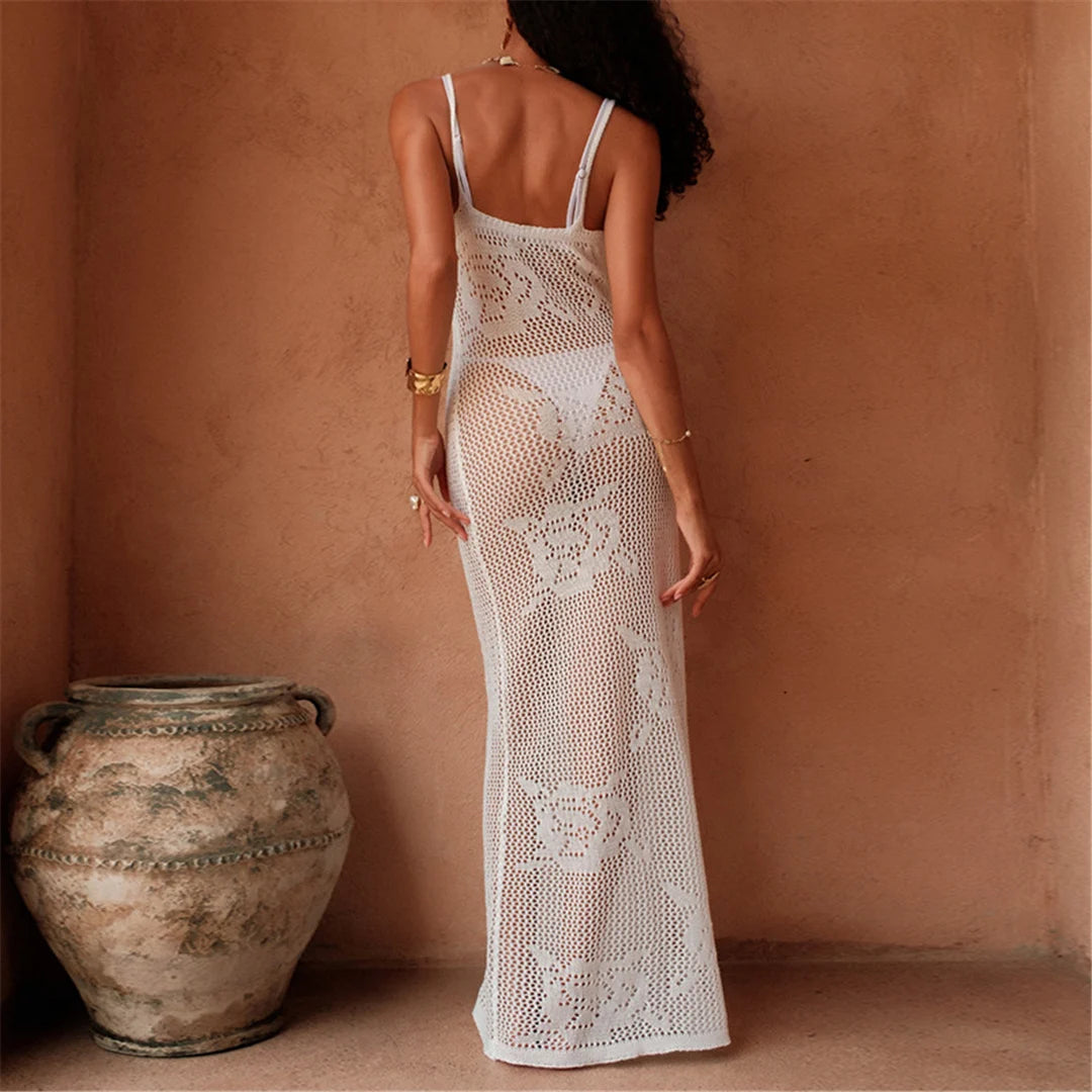 Black/White/Pink Color Sexy Handmade Women's See Through Hollow Out Sleeveless Crochet Knitted Tunic Beach Cover Ups Long Beach Dress Beach Wear  Female Ladies Bathing Apparel K6843.