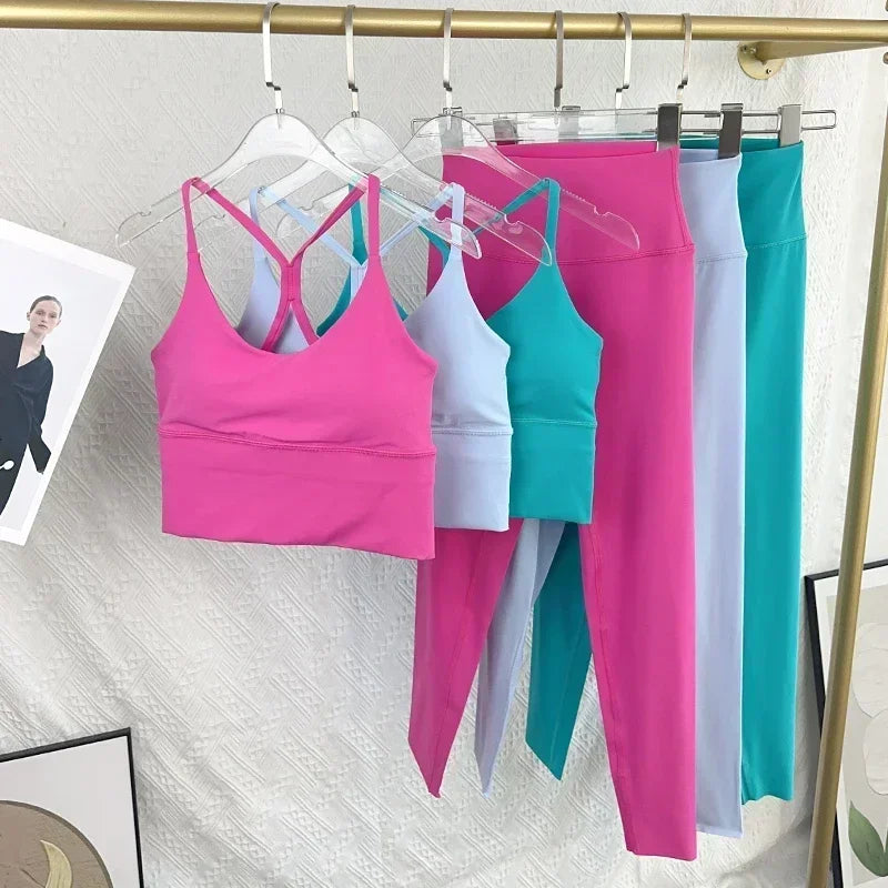 2 PCS Yoga Set 7 Colors Sportswear Fitness Suits Sexy Cross Back Yoga Tops Elasticity High Waist Leggings Running Sports Clothing👚👍️