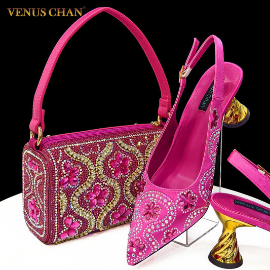 Newest 8 Colors INS Style FUCHSIA Color Elegant Low Heels Nigeria Popular Design African Ladies Shoes And Bag Set for Wedding Birthday Party Night Business Dinner Ladies Luxury Fashion Apparel Accessories Shoes Products