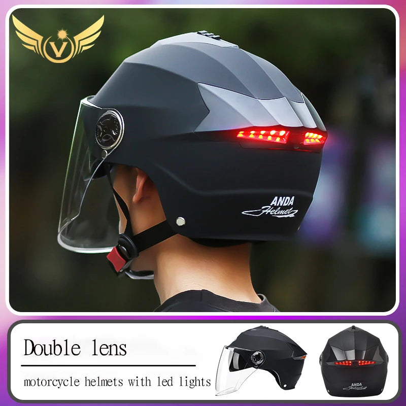 Motorcycle Helmets With Led Lights Moped Helmet Electric Scooter for Men Women With Double Visor Rechargeable Bicycle Light Bike