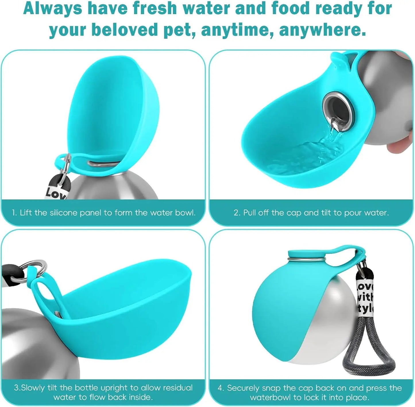 2 in 1Portable Foldable Outdoor Walking Dog Water Bottle, Plastic/Stainless Steel/Printed Pet Water Dispenser Silicone Feeder Drinking Cup Foldable Bowl Leak Proof Small/Large Dog Water Bottle
